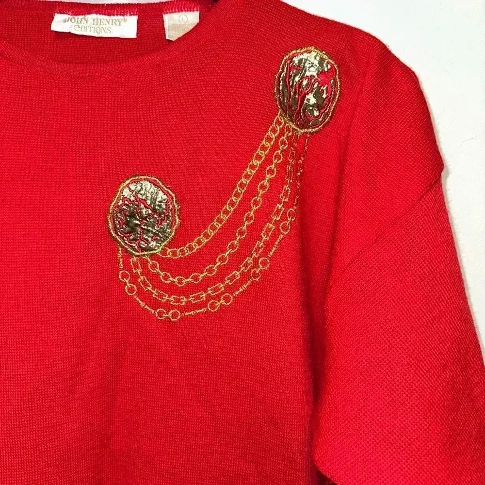 VINTAGE Women's John Henry Editions Sweater L, Red & Gold, Embroidery - Picture 8 of 16